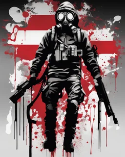 Banksy style. Full body. Dynamic masterpiece with fluid patterns forming a killer Cyborg with hood and gas mask, its eyes are intense. Red, white and black colors, creating a fascinating effect.