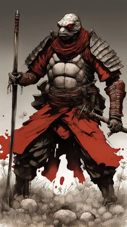 blood, guts, wildflower, intricate, darkred tones, turtle samurai, watercolor illustration by <John Kenn Mortensen> <Yoji Shinkawa>,