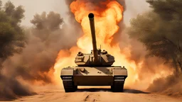 4k photorealism: Merkava tank explodes in flames, dirt road background, bright daylight