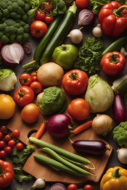 A hyper-realistic, A close-up of a wooden cutting board with a variety of vegetables being diced. full size ,Photo Real, HOF, full size, practicality,manufacturability,performance, (((realism, realistic, realphoto, photography, portrait, realistic, elegant, charming, , professional photographer, captured with professional DSLR camera, trending on Artstation, 64k, ultra detailed, ultra accurate detailed, bokeh lighting, surrealism, Thomas Kinkade backgroun