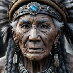 (in the style of Orion, by Masamune Shirow) Subject: A high-resolution, gritty, photorealistic close-up of a weathered tribal shaman, an elderly woman with deep lines on her face etched by years in the elements. Her eyes are large, intense, and gleam with an unsettling, glassy sheen like highly polished obsidian, reflecting a multitude of chaotic, colorful, abstract shapes that writhe just beneath the surface of the eye itself. She has an expression of profound focus, perhaps a subtle smirk, wat