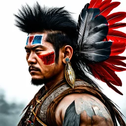 masterpiece, side portrait of a chinese barbarian warrior, war paint, feather hair ornaments, feather earrings, tribal necklaces, closeup portrait highest definition, HD32K, wallpaper, hyperdetailed, mythp0rt