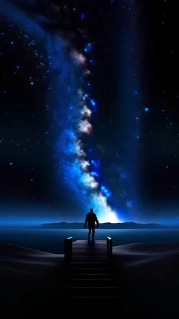 with his back in the door to heaven, galaxy, infinity, space, water , statue , An otherworldly planet, bathed in the cold glow of distant stars. The landscape is desolate and dark,
