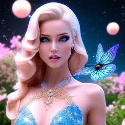 Full body Princess, sexy woman blondie, make up, beautiful smiling face,blue eyes, beautiful place,amazing, flowers, colors, blue and pink butterfly, realistic, photo real, stars night, detailed, high contrast, 8k high definition, unreal engine 5, extremely sharp detail, light effect, light background