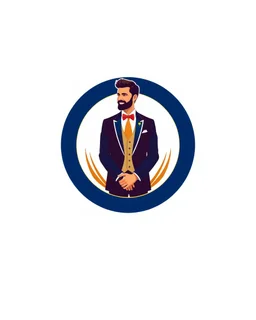 A circular logo with a vector of a groom in a suit at the top of the logo in a blue, red, white and gold color theme.