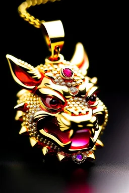 A pendant for a gold chain, iced out pumba from the lion king with rubies as eyes, fangs in gold