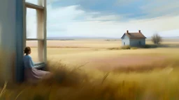 Imagen inspirada en El mundo de Cristina → Pintura realista → Realismo poético → Amplios espacios abiertos y precisión contenida → Figura observando una casa lejana desde un prado → Luz limpia de mediodía → Ocres, verdes secos, azules suaves y rosas apagados → Nostalgia silenciosa y distancia emocional.