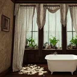 a gorgeous, stunning spa with gauzy curtains, ornate bath, dark wood floor, decorative foliage, plants, candles, flowers, tranquil, 8k resolution, high-quality, fine-detail, digital art, detailed matte, volumetric lighting, illustration, 3D octane render, brian froud, howard lyon, selina french, annie stokes, lisa parker, greg rutowski,