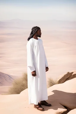 african man wearing white thobe. standing on high mountain looking out to the desert