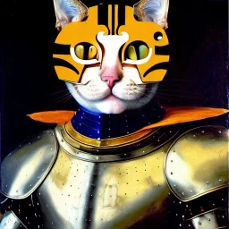 oil painting of a beautiful symmetrical cat with armor, XV century, by El Bosco, Leonardo da Vinci, Goya 8k