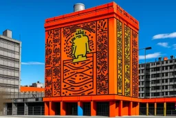 An orange colored tower in an electrical city painted by Keith Haring