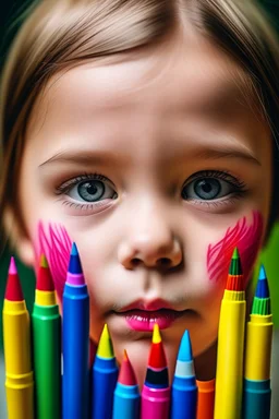 The logo consists of a set of colored pens embedded in a child's face