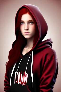 A sassy beautiful young woman with dark brown eyes and shoulder length red hair wearing a black hoodie. Realistic.