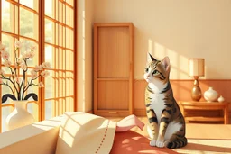 papercut, ukiyo-e, 3D characters, an elegant pretty young woman in an elegant beige-white-brown room S<AI in sunshine, cute tabby cat