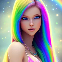 girl nude, cute, beautiful, long blond hair,blue eyes rainbow hair, rainbow dress, close up portrait smiling