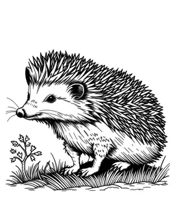 simple outline of a cute hand drawn hedgehog in a woodland, white background, no background, illustration, monochrome, cartoon