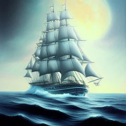 Clipper ship under full sail with alien spaceship above