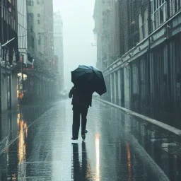 man walking in rain in the city with black umbrella