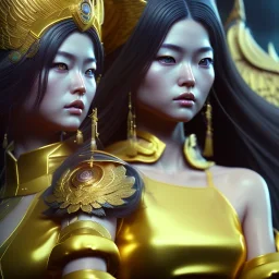 portrait hitomi tanaka, long black hair, dress valkyrie, statue golden, intricate, octane render, highly detailed, highly realistic, cinamatic, deep colours,8k