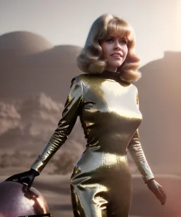 Ultra Realistic retro sci-fi image from 1960, many people looking to sweet young woman Jane Fonda, dress with tight latex coat and retro glass helmet, Retro sci-fi style, soft color, highly detailed, unreal engine 5, ray tracing, RTX, lumen lighting, ultra detail, volumetric lighting, 3d, finely drawn, high definition, high resolution.