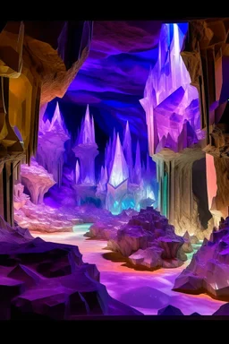 A purple crystal caverns with imps painted by Frank Lloyd Wright