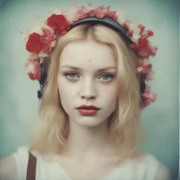 Grunge Polaroid head shot of blond vlada roslyakova,she has freckles on her face, pouty lips, red nose, hair adorned with strange flowers, red cheeks and nose, headphone