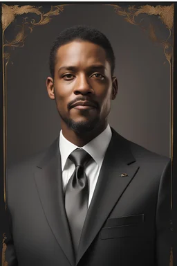 An extremely formal, funeral program on darkest bronze deeply pigmented velvet paper with brilliant, brightest heavy golden fonts, with a photograph on the front of the program of an strikingly handsome slightly tanned Biracial Black man of 50 years of age, with a slightly gray goatee dressed in a very dark conservative suit and tie, the photograph has a dark brown background or dark brown drapery background, simple, minimalistic, less element, very dramatic lighting