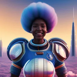 Ultra realistic photo. volumetric lighting , scientist. Young black woman, young, big smile. Joy. smiling. Afro futurism. Afro puffs. Blue hair. Ombré hair Cotton candy. Futuristic cities in background. Space. Space travel. Silver. Cities