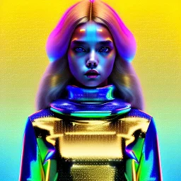 blonde woman teenager, gold teeth, feather sweater, purpurin, retro futuristic, latex dress, gradient color, BLUE, PINK, CYAN, neon, insanely detailed, 16k resolution, perfect eyes, cinematic smooth, intricate detail