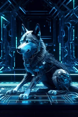 ein elektronischer wolf der in einer cyber welt sitzt