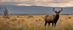 regal pose of Elk in a prairie field, wild grasses and bushes in corners of foreground