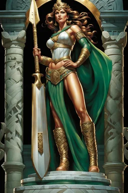 highly detailed statue on a plint of a goddess made of marble and jade. She caries a roman spear in her left hand and a shield in her right hand. boots. stunning body. full body shot. Mark Brooks and Dan Mumford, comic book art, perfect, smooth