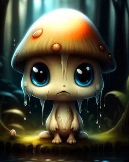 A melancholic creepy kawaii mushroom with a tiny, frowning mouth and big droopy eyes, sitting on a mossy log in a quiet and peaceful forest, lost in its own thoughtsto add personality