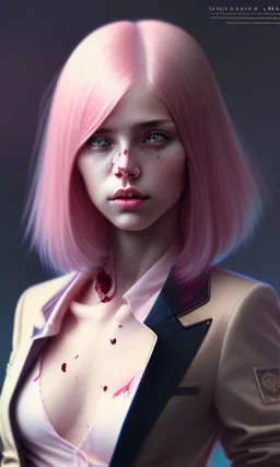 girl, cute, beautiful, pink hair, brown eyes, long hair, bangs, knife in hand, blood on face, by Greg Rutkowski, big boobs, blazer, yandere