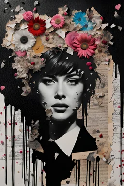 Ultra detailed medium portrait painting of happiness , torn up collage of clippings, beating heart line background, scattered flowers, crumbled Paper, memories on black and white photos, matrix effects, punk visual art, punk art aesthetic, graffiti art, pop surrealism, collage art, cluttered paint glitches