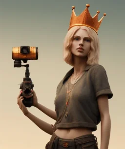 Statue of Queen of photography. Cute blonde woman. Photographer in golden crown. Standing on the street. Big camera in her hand. hyperdetailed, photorealistic, trending on artstation, greg rutkowski, beksinski, kodachrome