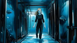 Full body Illustration of a woman, young, 18 years old, beautiful, wearing a black jumpsuit, sneaking into a giant underwater laboratory, dark blue water, watercolors, gloomy and depressing ambient, artwork by tom björklund