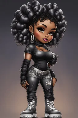 create an airbrush illustration of a chibi cartoon voluptuous black female wearing a black and silver outfit with timberland boots. Prominent make up with hazel eyes. Extremely highly detailed of a long wavy ombre bantu knots. Background of a bike show