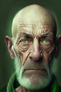 Portrait of a bald man, 60 years, unkempt beard, dark circles, green eyes, distracted and nervous look