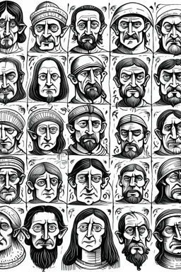 diferent medieval faces of diferent medieval people with diferent expressions, some dramatic, somo happy. the style is minimal black and white stamp. in the sheet there are more than 5. very diverse court memebers and everyday people. man, woman, kids. white background