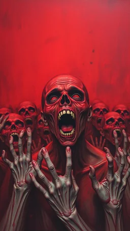 Bosch painting style ,nightmare, a lot of zombies with the hands up looking at you with screaming scary faces all of them in red colours and red background