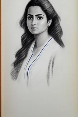 Pencil sketch of Young woman , nurse , Arab features,sad, long wavy hair, full body، on lined paper