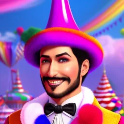 ringleader, Arthur Kulkov face shot, front, handsome, circus, male, Yamada Akihiro character portrait, Russian, lisa Frank fantasy, detailed matte painting, 8k resolution, Golden hour, interesting detailed storybook fantasy