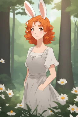 Middle aged woman curly orange hair, rabbit ears,wearing a summer dress, smirking, forest background, RWBY animation style