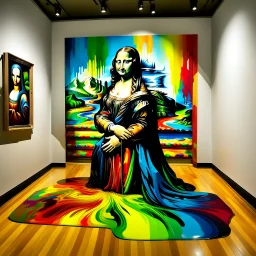 A conceptual painting that explores the idea of art coming to life. The Mona Lisa, with a serene expression, hangs on the wall of a gallery. The fluid from her painted eyes starts to flow down, creating a trail that gradually transforms from monochrome to a kaleidoscope of vibrant colors. The floor of the gallery is covered in this flowing color, creating a stunning contrast to the minimalist design of the room. The overall atmosphere is surreal and thought-provoking, inviting viewers to questio