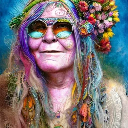 An old Hippie Janis Joplin in colorful clothes, flowers in their white hair. Faces are full of wrinkles, slight smiles, highly intricate, delicate detailed complex, vibrant colors by Laura Burch, Tom Bagshaw, water color by jean - baptiste monge, art by ivan gantschev and greg rutkowski. by sabbas apterus Nikon D850 trending on Artstation highly detailed digital painting ultra reallistic fantasy beautiful dynamic lighting hyperrealistic cinematic postprocessing concept art , beautiful eyes ,