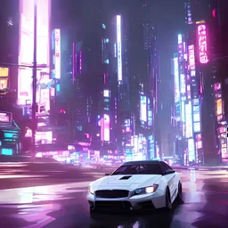 white euro car driving sideways in tokio city rainy night drifting burnout skyscrapers in background cyberpunk