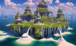 floating islands with waterfalls connecting each other whimsical surrealism, based on child's drawing, lsd trip, dream recording, sharp focus, deep - space imaging fantastical setting isometric view octane render, art by salvador dali, greg rutkowski studio ghibli