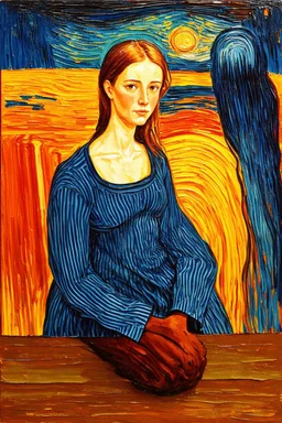 Stepping into someone new; painting in the style of Edvard Munch