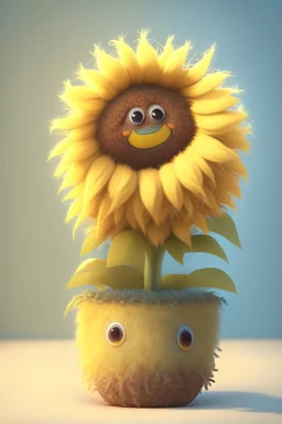 Cheery and cute sunflower in a pot avatar full body in fluffy material